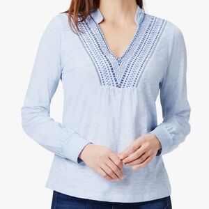 Nic & Zoe Top V Neck Blue Embroidered Long Sleeve Peasant Boho Casual Sz XL